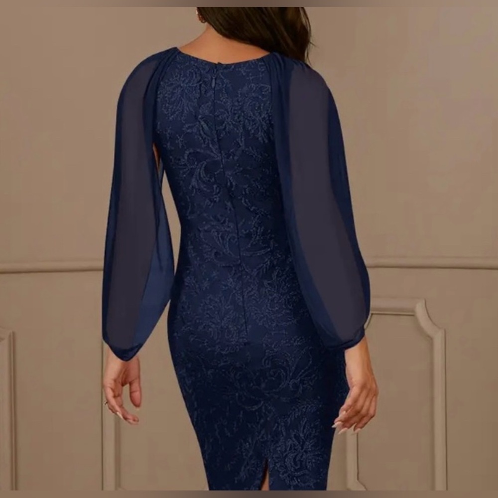 Long Blue Sheath Dress with Long Bishop Sleeves for Weddings